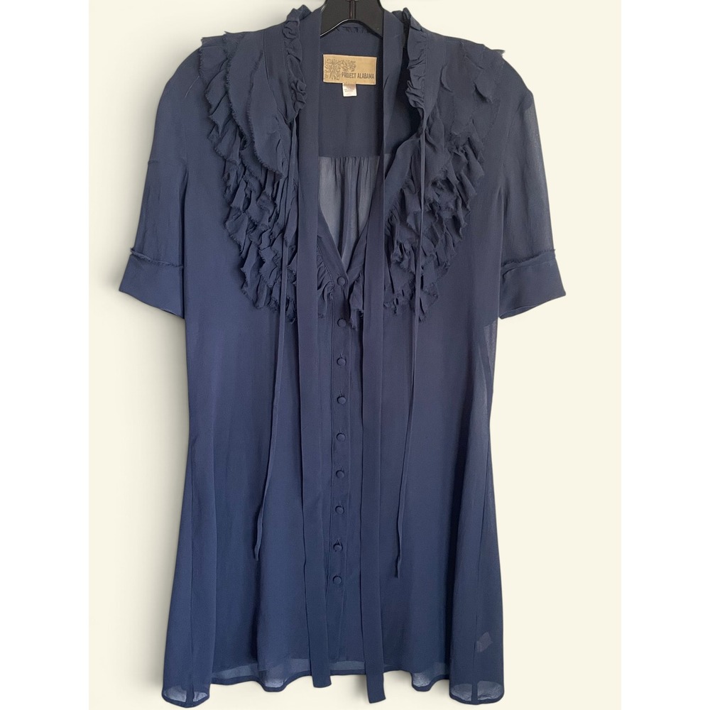 Vintage 2000s Project Alabama Silk Chiffon Ruffle Mini Dress Navy Blue Size 2